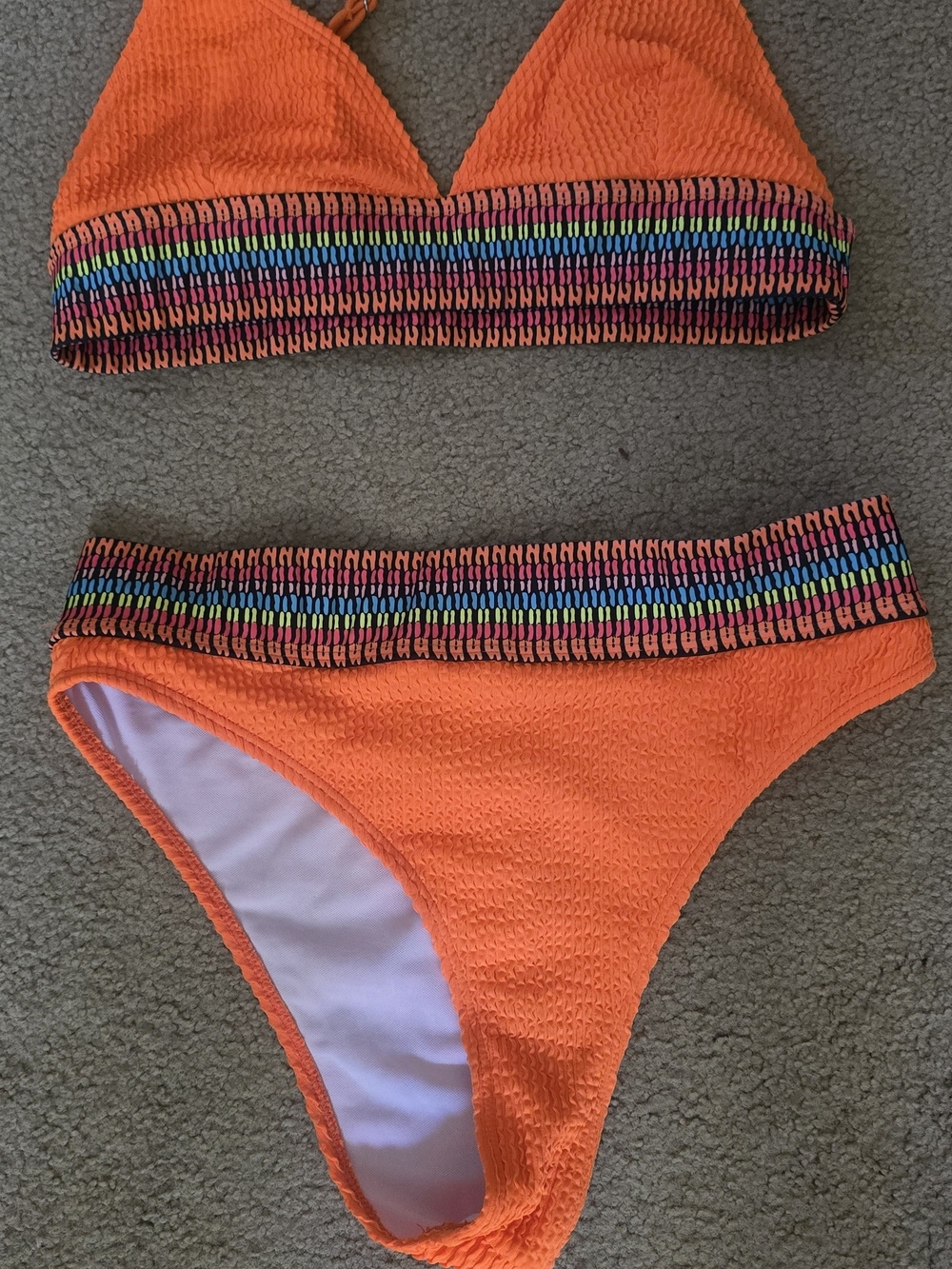 Textured Orange Bikini Set with Rainbow Trim